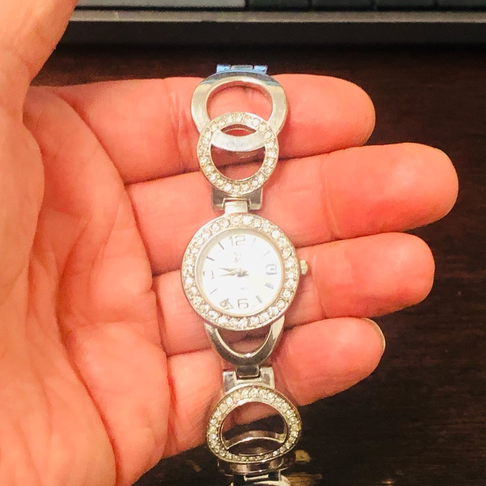 New York & Company Silver and White Crystal Link Bracelet Watch